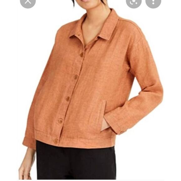 Eileen Fisher Organic Linen Delave Classic Collar Jacket Cinnamon Petite - Picture 3 of 10